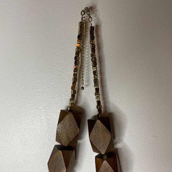 Vintage geometric brown wood and gold large abstract necklace earrings! - Picture 3 of 11